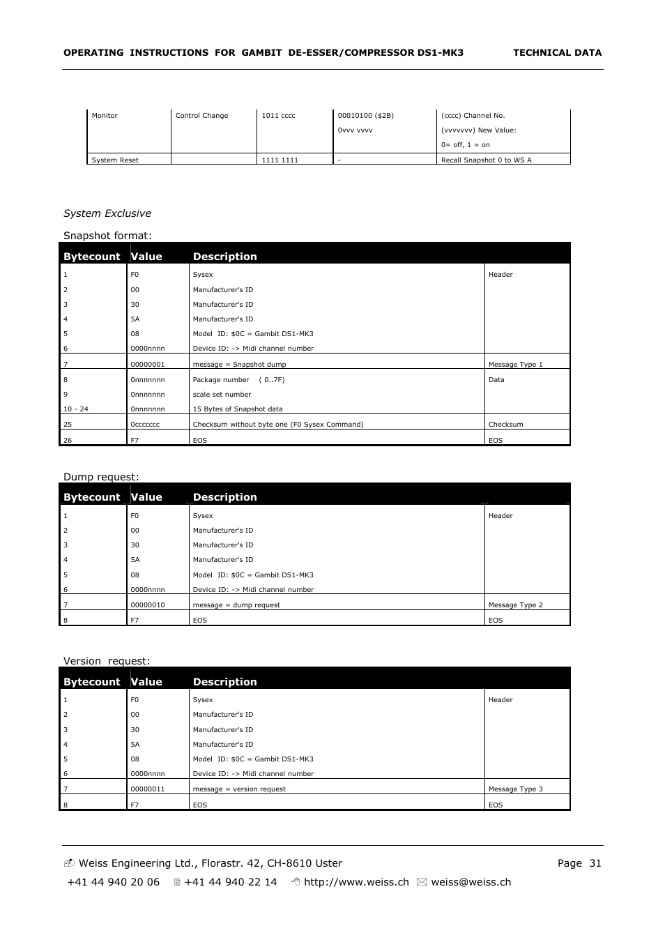 Dump request: bytecount value description, Version request: bytecount value description | Edelweiss GAMBIT DS1-MK3 User Manual | Page 31 / 36