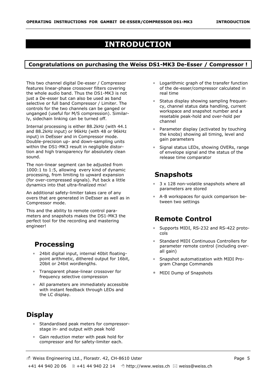 Introduction, Processing, Display | Snapshots, Remote control | Edelweiss GAMBIT DS1-MK3 User Manual | Page 5 / 36