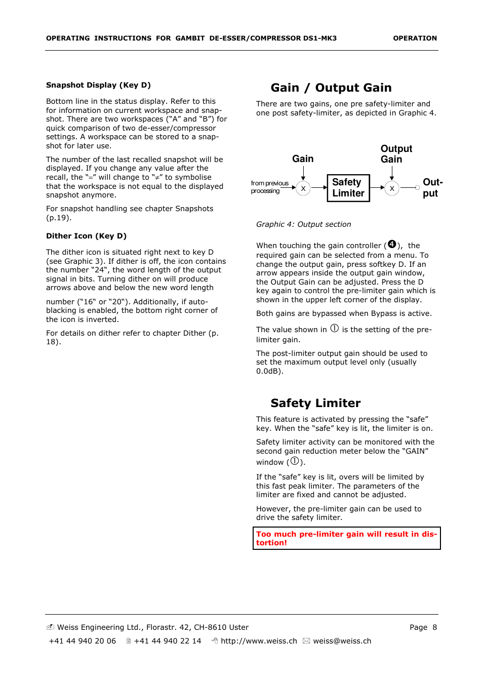 Gain / output gain, Safety limiter, Out- put safety limiter | Gain output gain | Edelweiss GAMBIT DS1-MK3 User Manual | Page 8 / 36