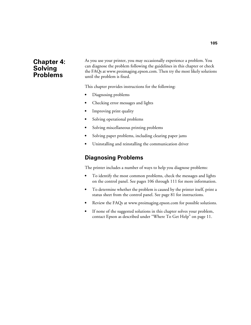 Chap 4-solving problems, Diagnosing problems, 4 solving problems | Chapter 4: solving problems | E-Tech STYLUS Pro WT7900 User Manual | Page 105 / 136
