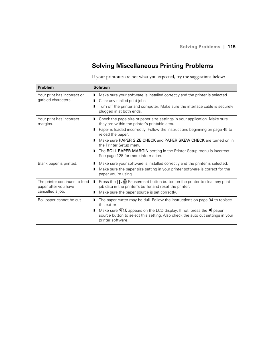 Solving miscellaneous printing problems | E-Tech STYLUS Pro WT7900 User Manual | Page 115 / 136