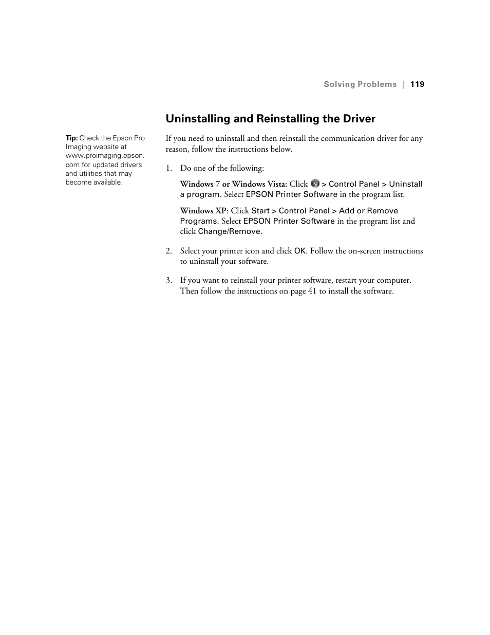 Uninstalling and reinstalling the driver | E-Tech STYLUS Pro WT7900 User Manual | Page 119 / 136