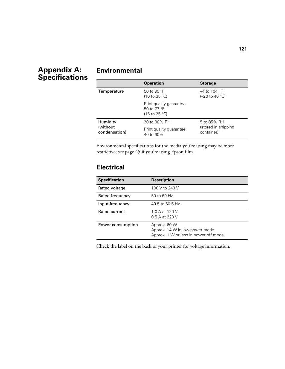 Appendix a: specifications, Environmental, Electrical | A specifications, Environmental electrical | E-Tech STYLUS Pro WT7900 User Manual | Page 121 / 136