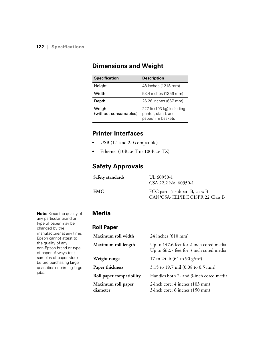 Dimensions and weight, Printer interfaces, Safety approvals | Media, Roll paper, Dimensions and weight printer interfaces, Safety approvals media | E-Tech STYLUS Pro WT7900 User Manual | Page 122 / 136