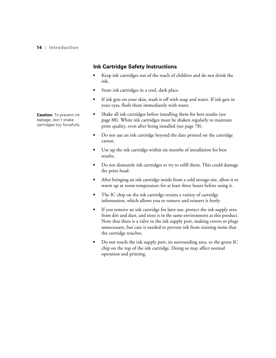 Ink cartridge safety instructions | E-Tech STYLUS Pro WT7900 User Manual | Page 14 / 136