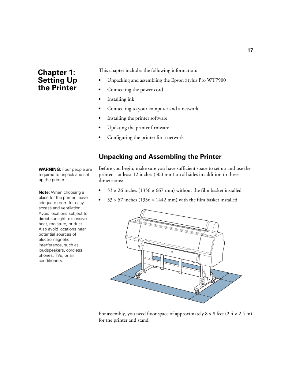 Chap 1-setting up the printer, Unpacking and assembling the printer, 1 setting up the printer | Chapter 1: setting up the printer | E-Tech STYLUS Pro WT7900 User Manual | Page 17 / 136