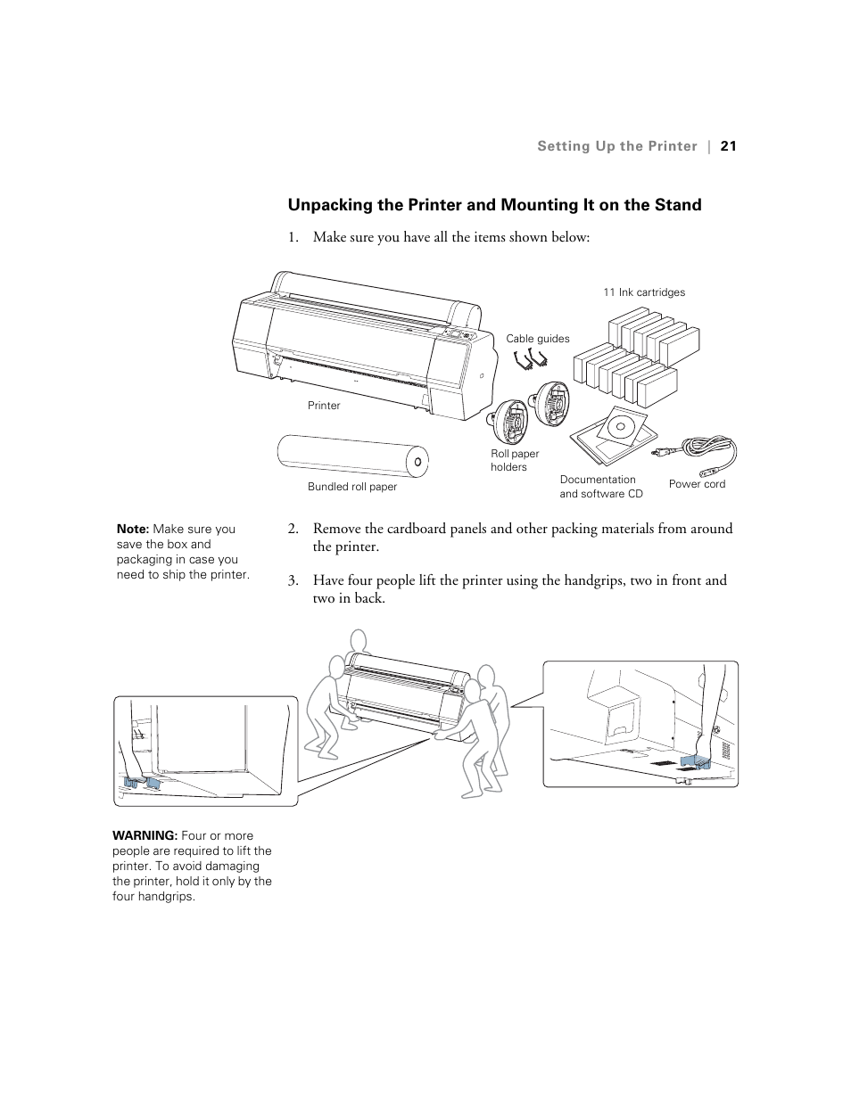 Unpacking the printer and mounting it on the stand | E-Tech STYLUS Pro WT7900 User Manual | Page 21 / 136