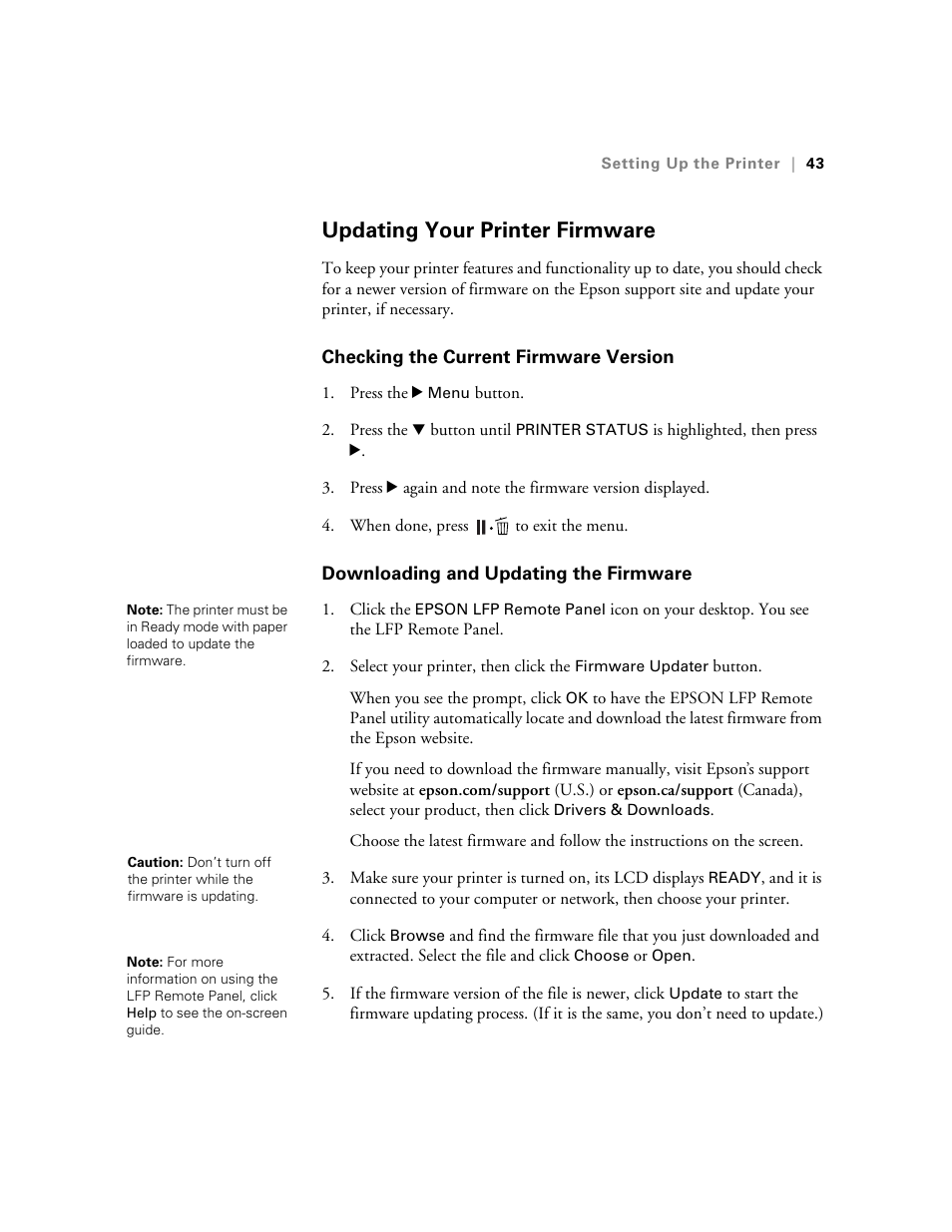 Updating your printer firmware, Checking the current firmware version, Downloading and updating the firmware | Updating the printer firmware | E-Tech STYLUS Pro WT7900 User Manual | Page 43 / 136