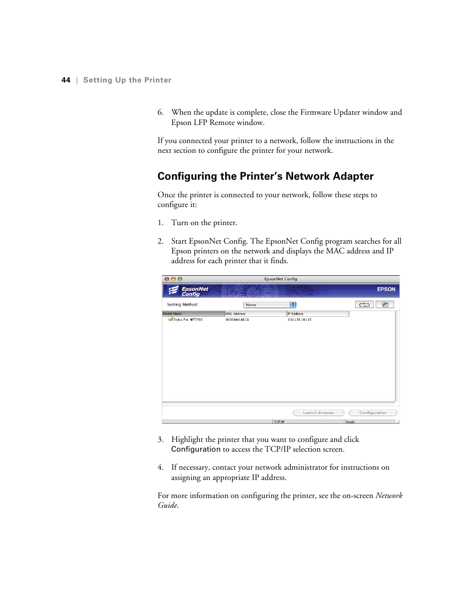 Configuring the printer’s network adapter, Configuring the printer for a network | E-Tech STYLUS Pro WT7900 User Manual | Page 44 / 136