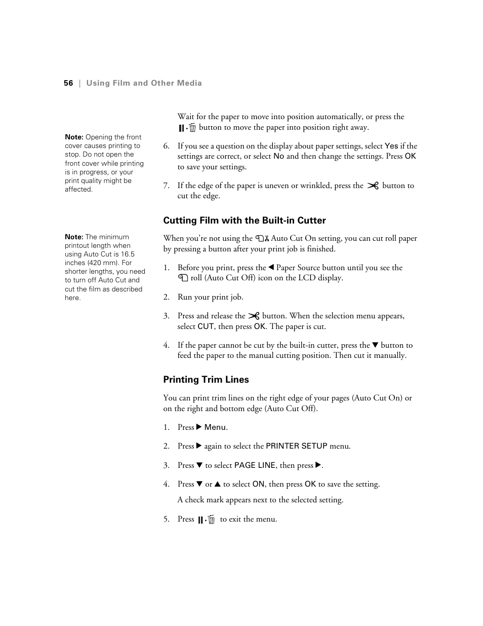 Cutting film with the built-in cutter, Printing trim lines | E-Tech STYLUS Pro WT7900 User Manual | Page 56 / 136