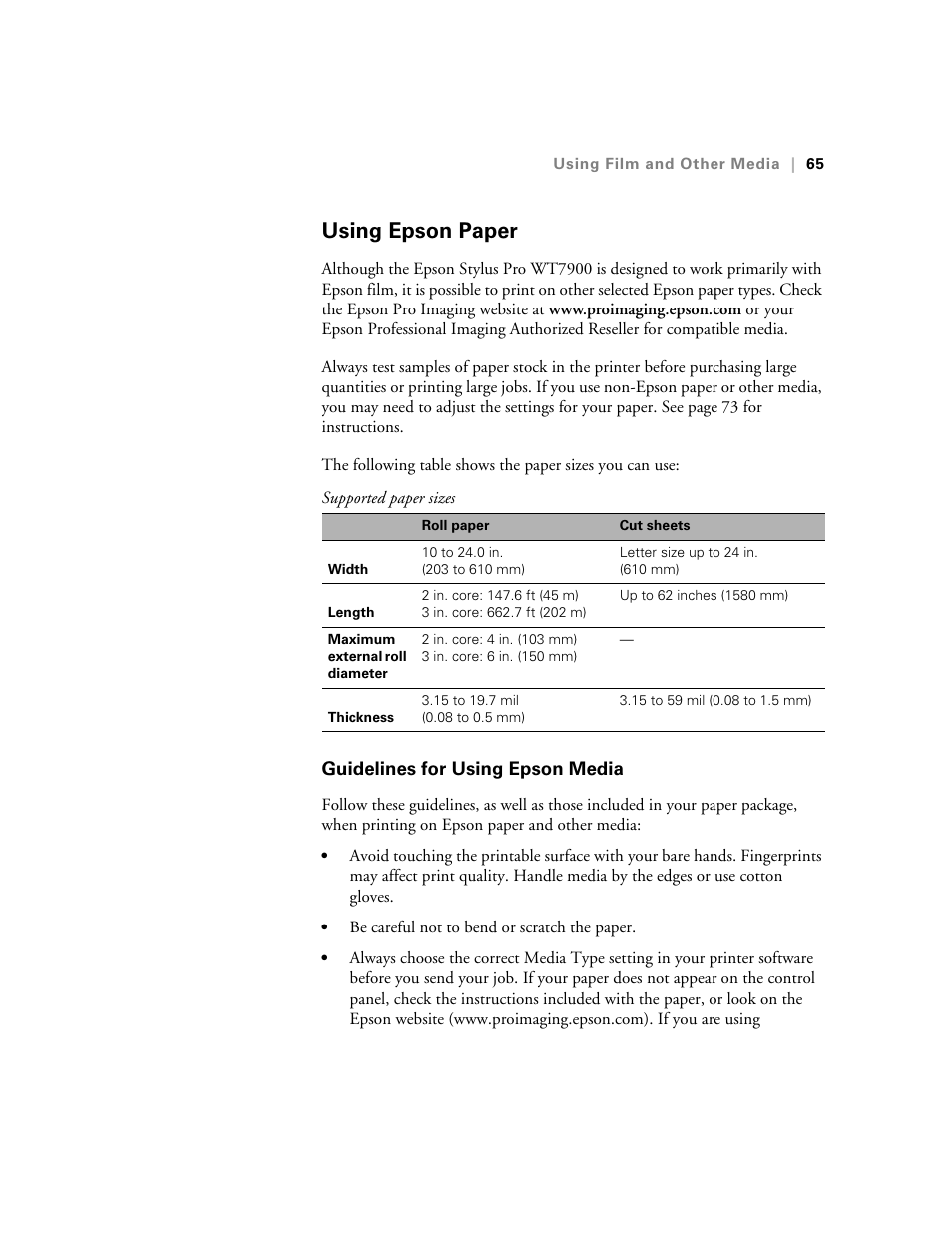 Using epson paper, Guidelines for using epson media | E-Tech STYLUS Pro WT7900 User Manual | Page 65 / 136