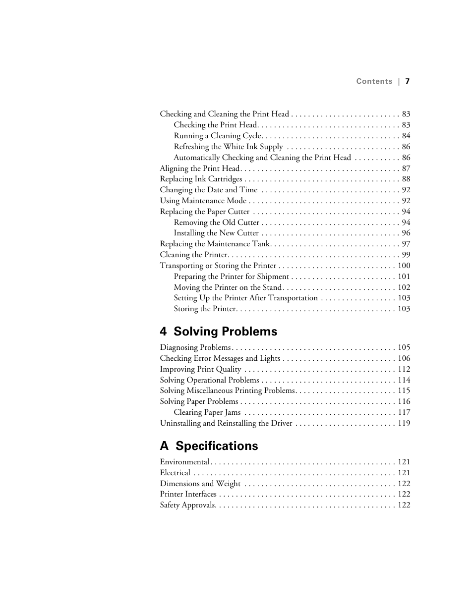 4 solving problems, A specifications | E-Tech STYLUS Pro WT7900 User Manual | Page 7 / 136