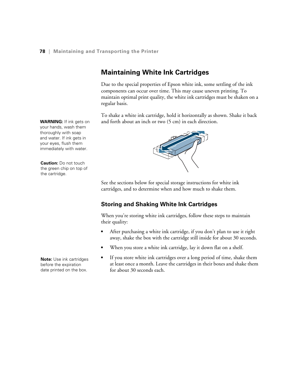 Maintaining white ink cartridges, Storing and shaking white ink cartridges | E-Tech STYLUS Pro WT7900 User Manual | Page 78 / 136