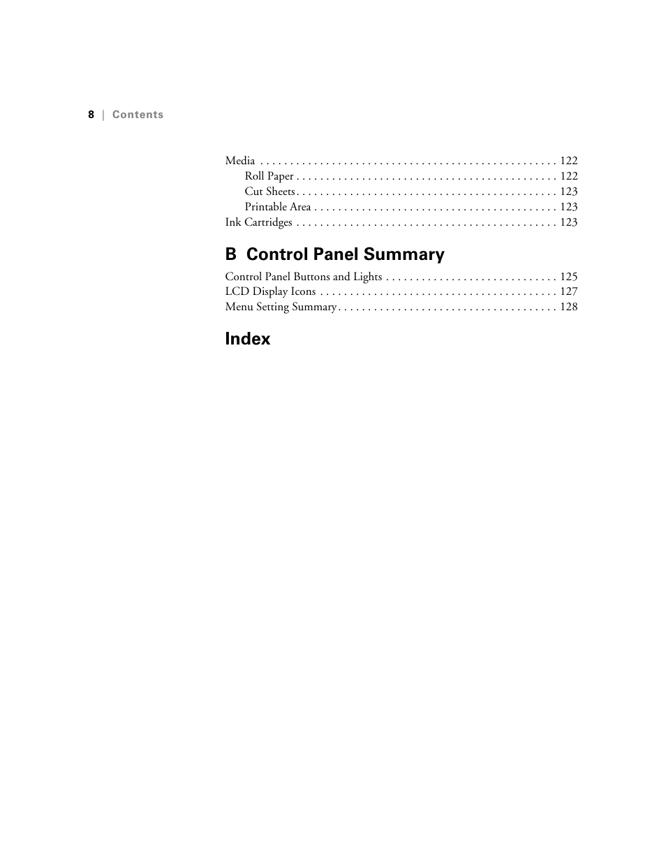 B control panel summary, Index | E-Tech STYLUS Pro WT7900 User Manual | Page 8 / 136