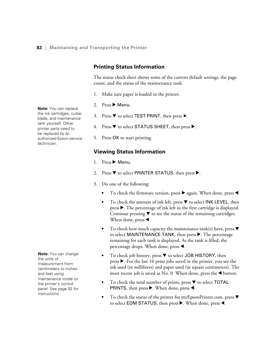 Printing status information, Viewing status information | E-Tech STYLUS Pro WT7900 User Manual | Page 82 / 136
