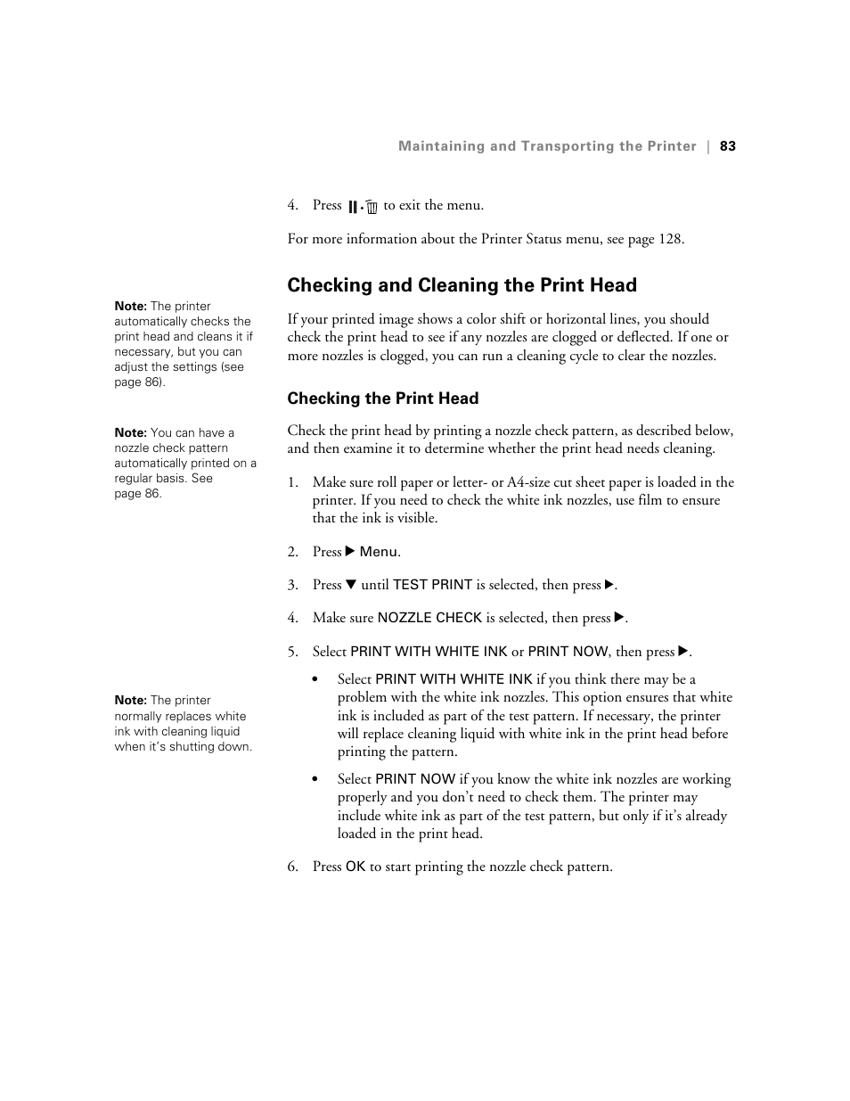 Checking and cleaning the print head, Checking the print head | E-Tech STYLUS Pro WT7900 User Manual | Page 83 / 136