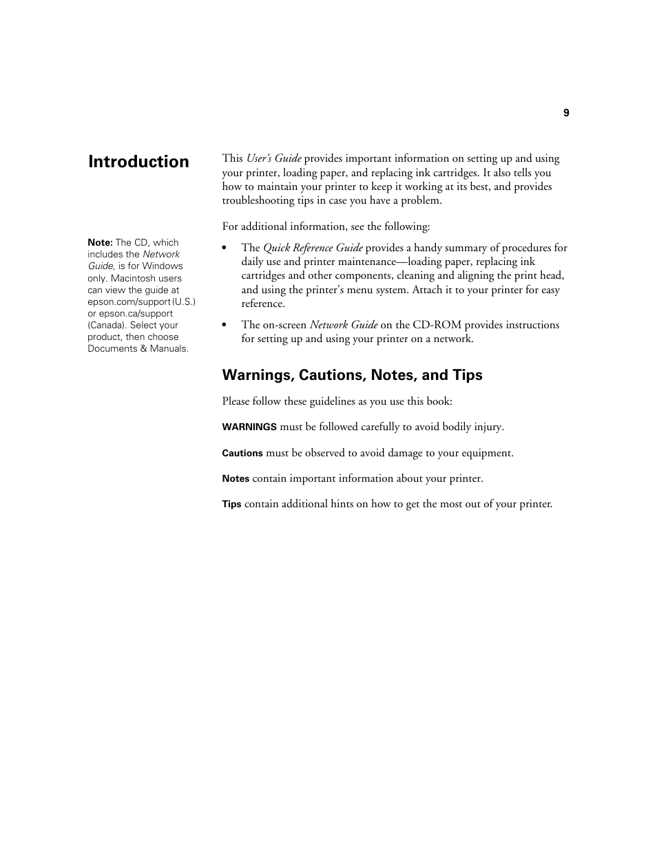 Introduction, Warnings, cautions, notes, and tips | E-Tech STYLUS Pro WT7900 User Manual | Page 9 / 136