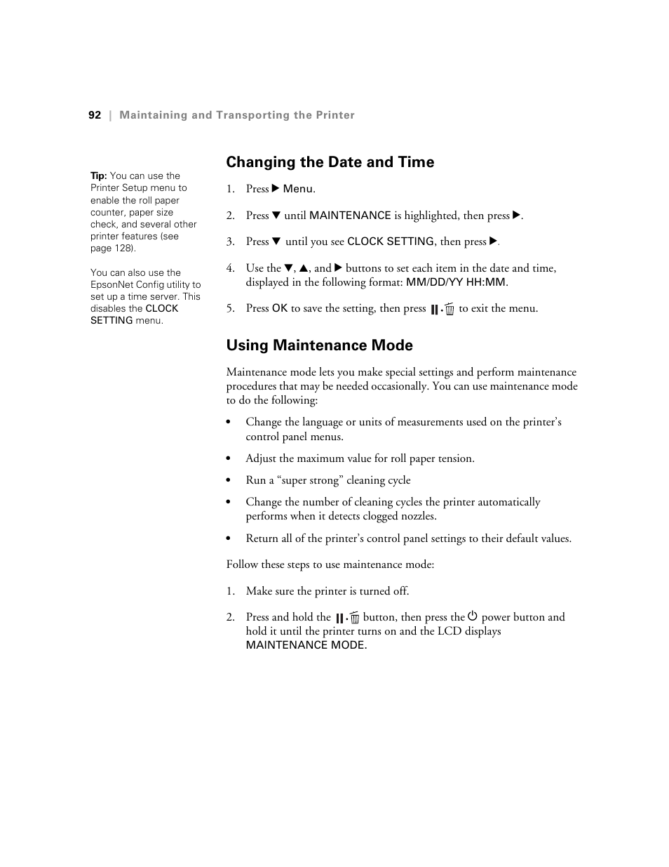 Changing the date and time, Using maintenance mode, Changing the date and time using maintenance mode | Performing additional maintenance tasks | E-Tech STYLUS Pro WT7900 User Manual | Page 92 / 136
