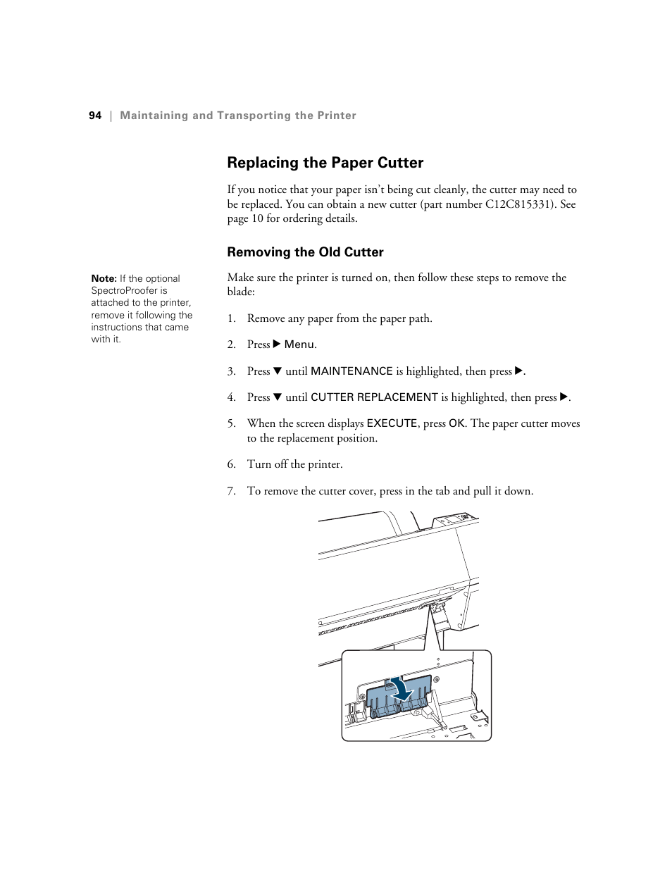 Replacing the paper cutter, Removing the old cutter, Replacing the paper cutter blade | E-Tech STYLUS Pro WT7900 User Manual | Page 94 / 136