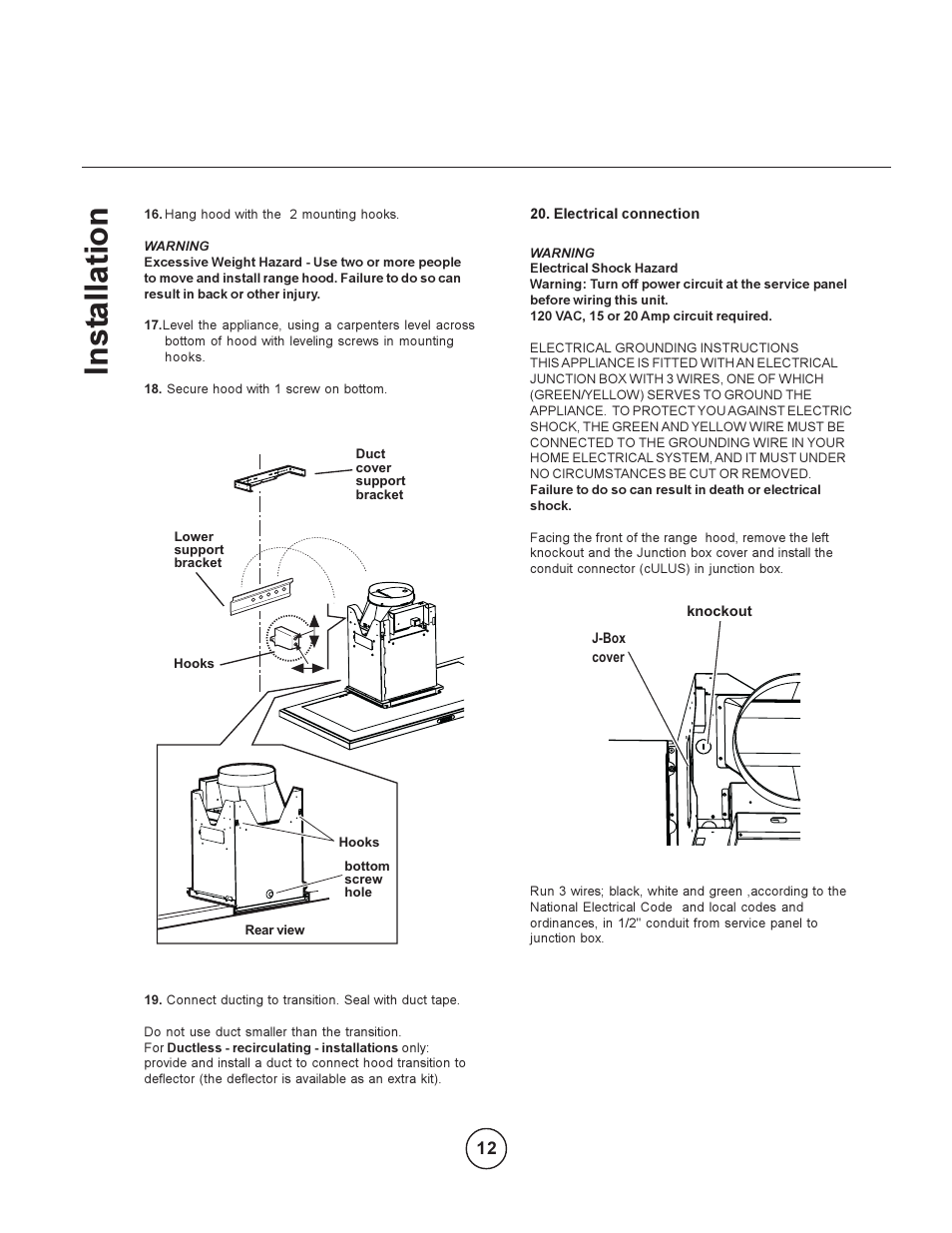 Inst allation | ELICA EAT-E42ASX User Manual | Page 12 / 20