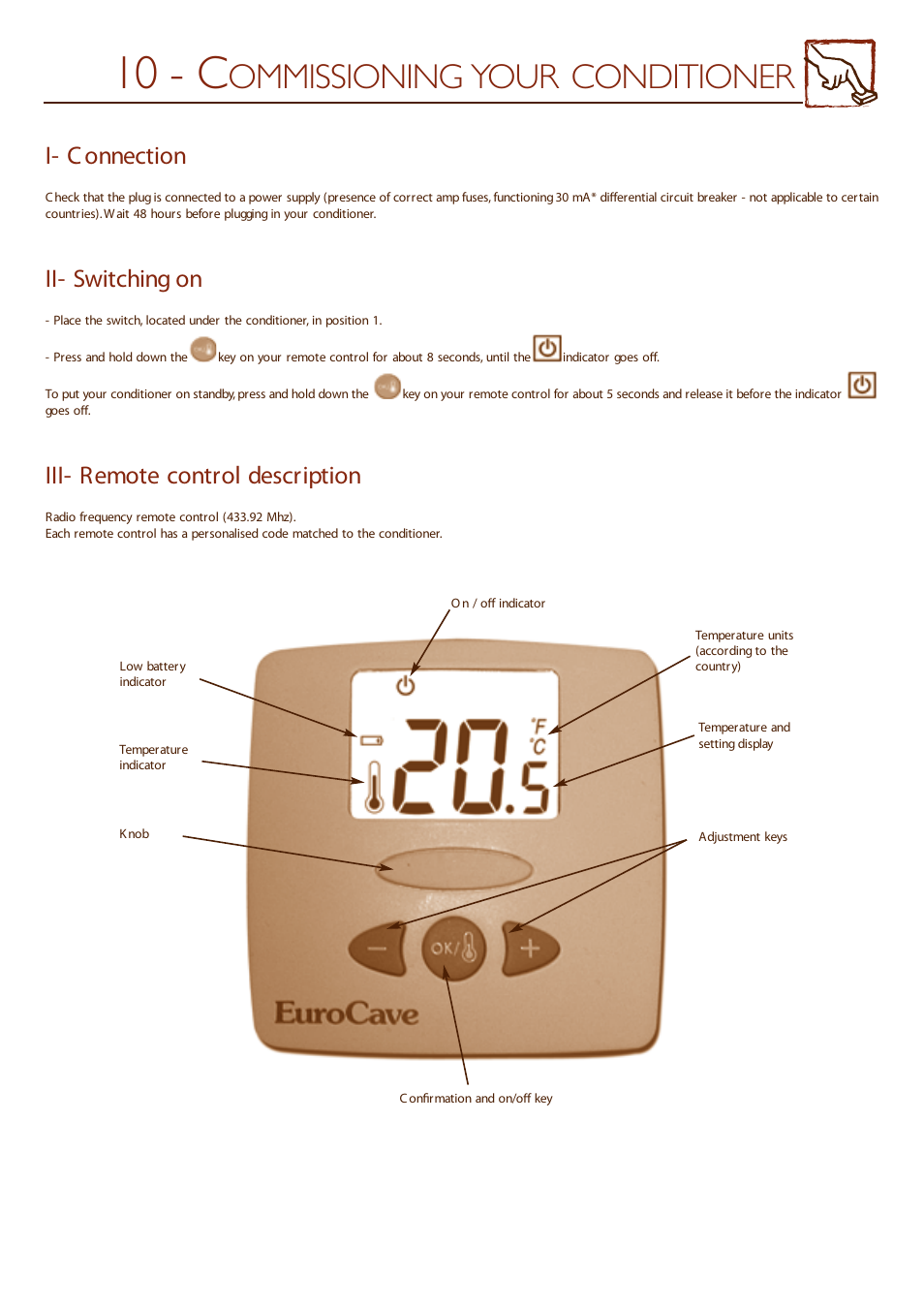 10 - c, Ommissioning your conditioner, I- c onnection | Ii- switching on, Iii- remote control description | Eurocave INOA 50 User Manual | Page 20 / 25