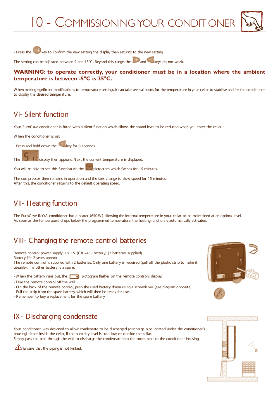 10 - c, Ommissioning your conditioner, Vi- silent function | Vii- heating function, Viii- c hanging the remote control batteries, Ix - discharging condensate | Eurocave INOA 50 User Manual | Page 22 / 25