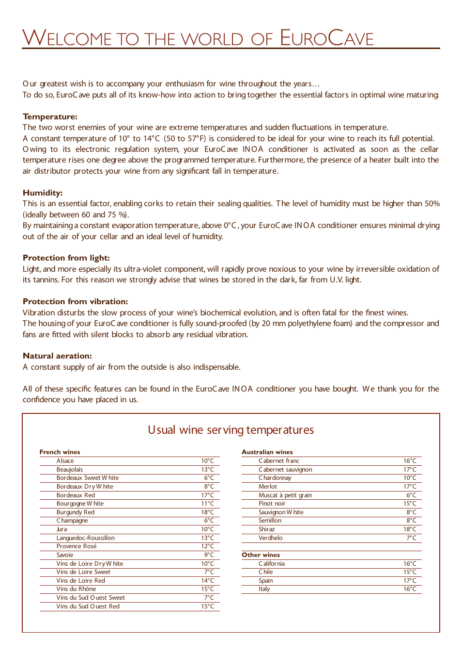 Elco me to the worl d of, Usual wine serving temperatures | Eurocave INOA 50 User Manual | Page 4 / 25