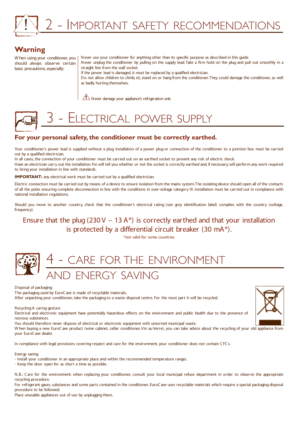 2 - i, 3 - e, Mportant safety recommendations | Lectrical power supply, Care for the environment and energy saving, Warning | Eurocave INOA 50 User Manual | Page 6 / 25