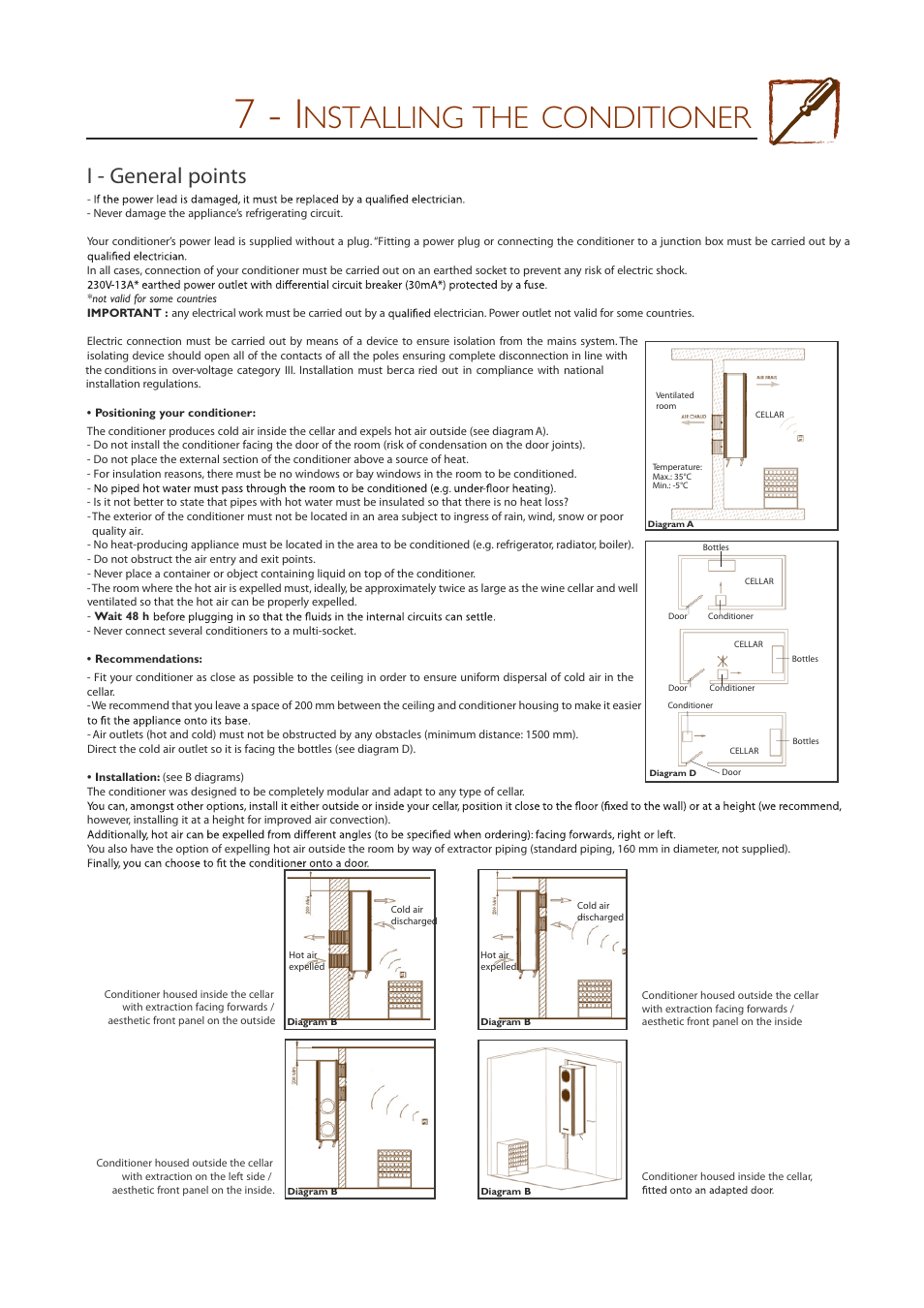 7 - i, Nstalling the conditioner, I - general points | Eurocave INOA 50 User Manual | Page 9 / 25