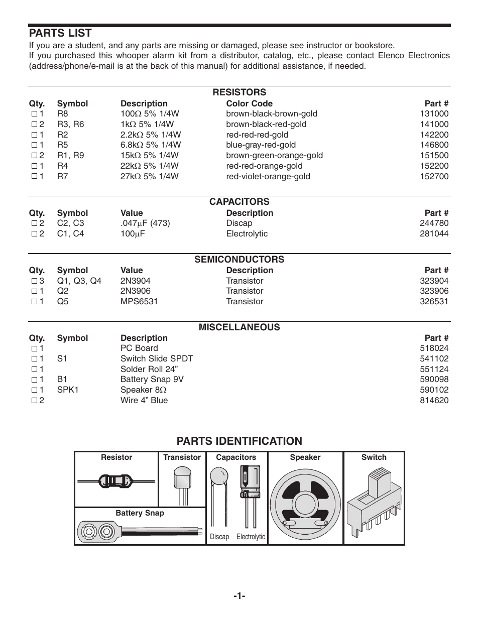 Parts list, Parts identification | Snap Circuits K-24 User Manual | Page 2 / 8