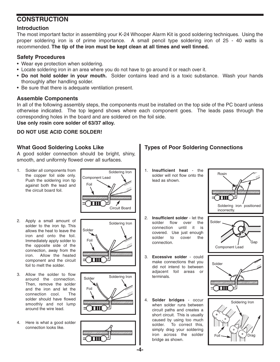Construction, Introduction, Safety procedures | Assemble components, What good soldering looks like, Types of poor soldering connections | Snap Circuits K-24 User Manual | Page 5 / 8