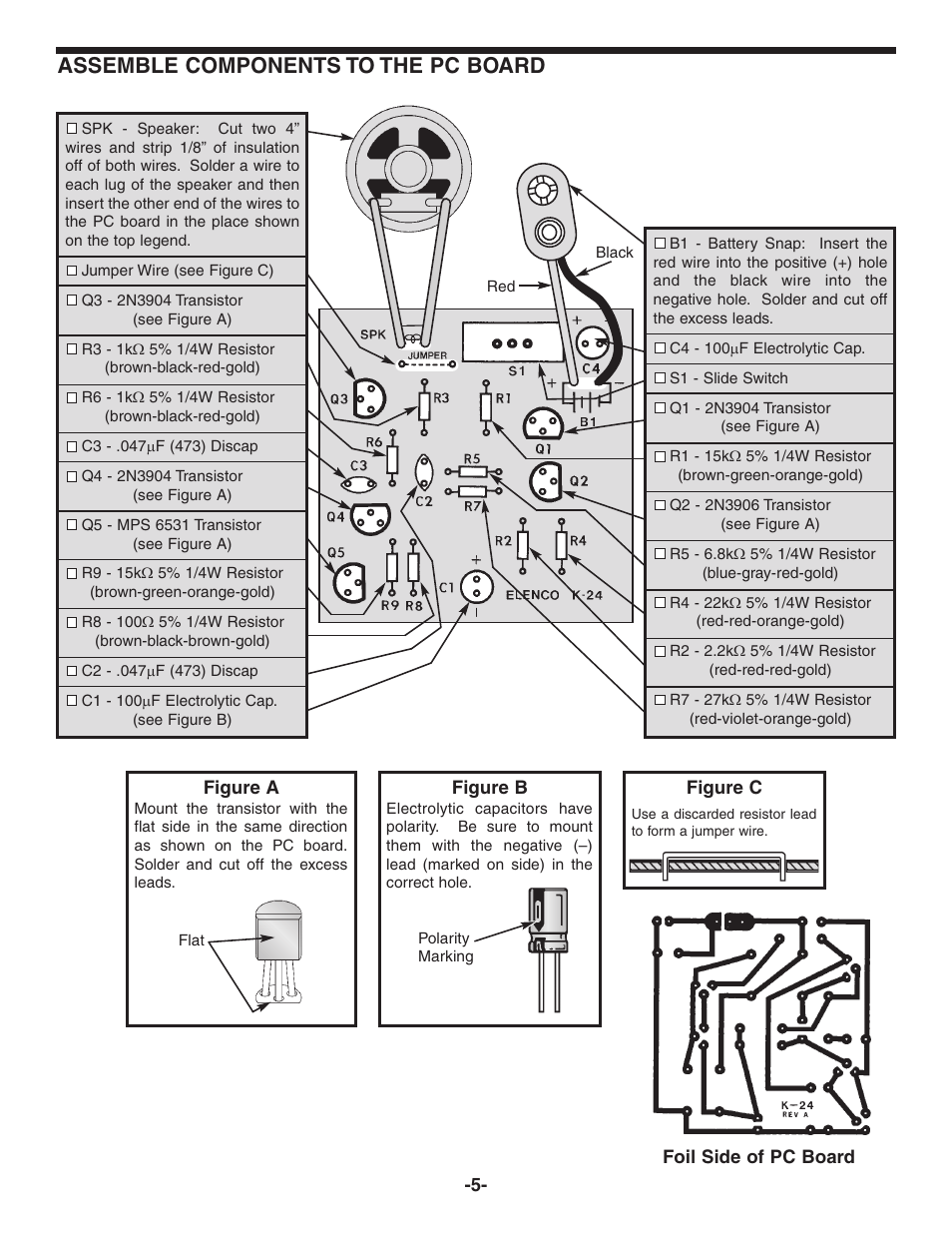 Assemble components to the pc board | Snap Circuits K-24 User Manual | Page 6 / 8