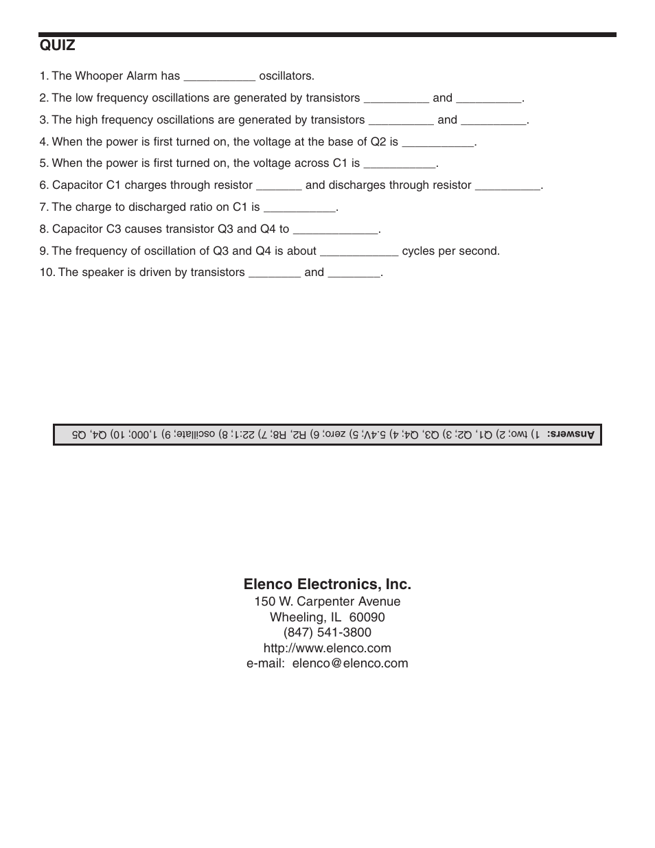 Elenco electronics, inc, Quiz | Snap Circuits K-24 User Manual | Page 8 / 8