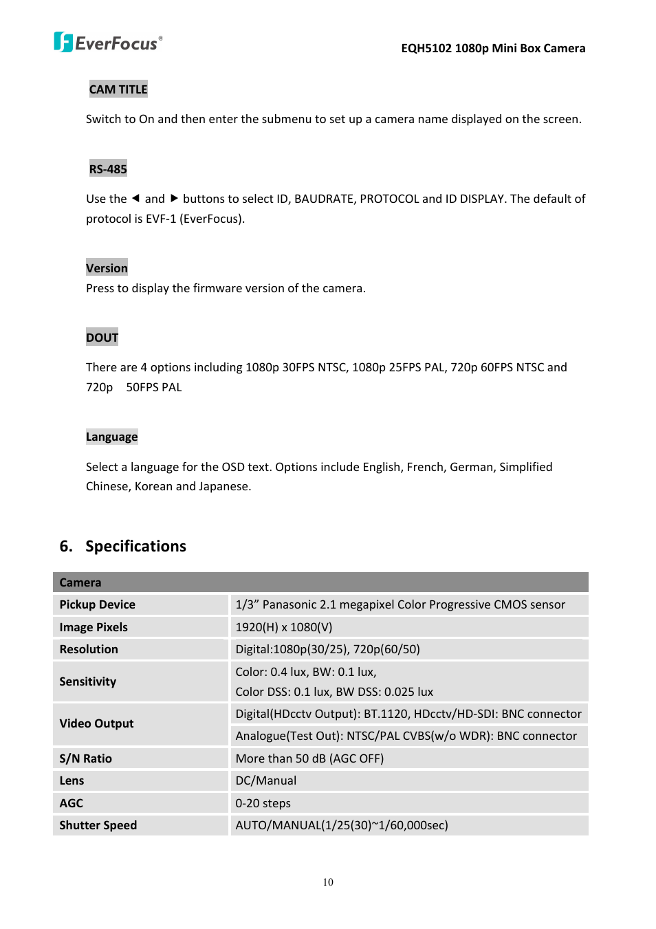 Specifications | EverFocus Mini Box Camera EQH5102 User Manual | Page 14 / 18