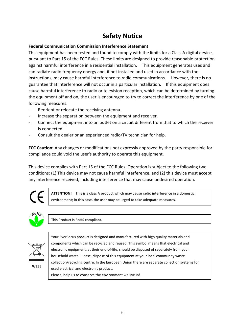 Safety notice | EverFocus Mini Box Camera EQH5102 User Manual | Page 3 / 18