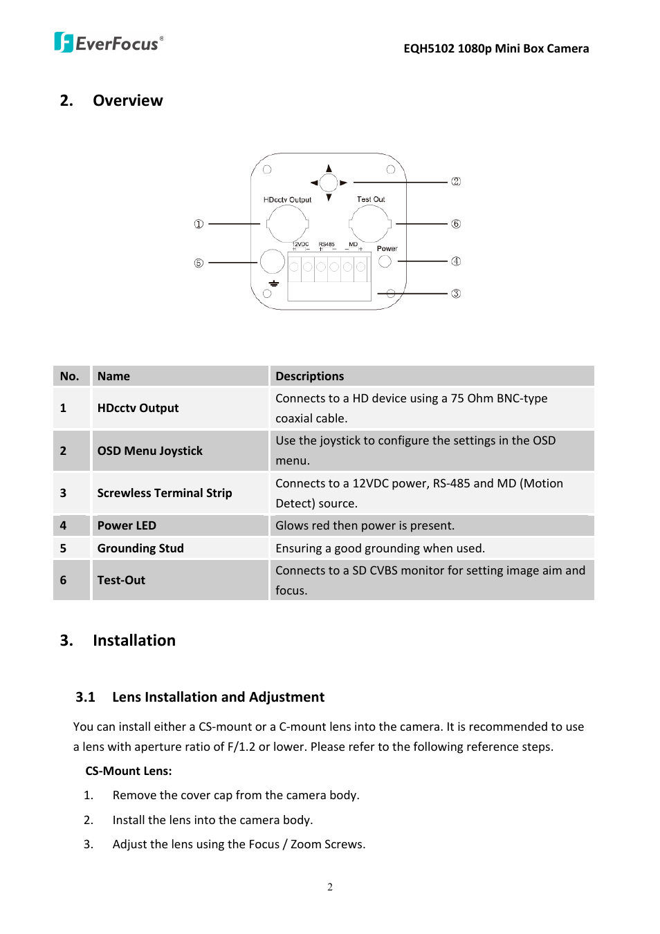 Overview, Installation | EverFocus Mini Box Camera EQH5102 User Manual | Page 6 / 18