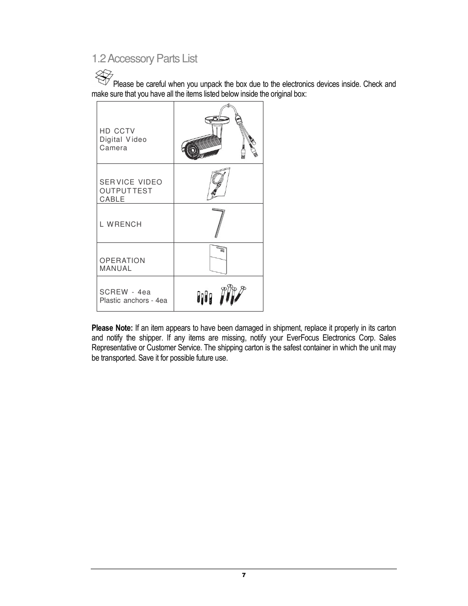 2 accessory parts list | EverFocus EZH5040 User Manual | Page 7 / 24