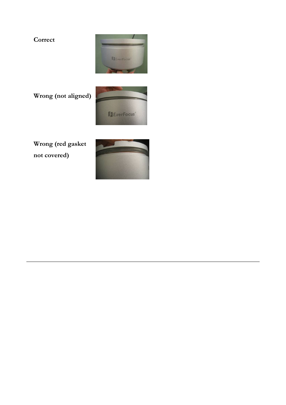 Correct, Wrong (not aligned), Wrong (red gasket not covered) | EverFocus ED560 User Manual | Page 26 / 47