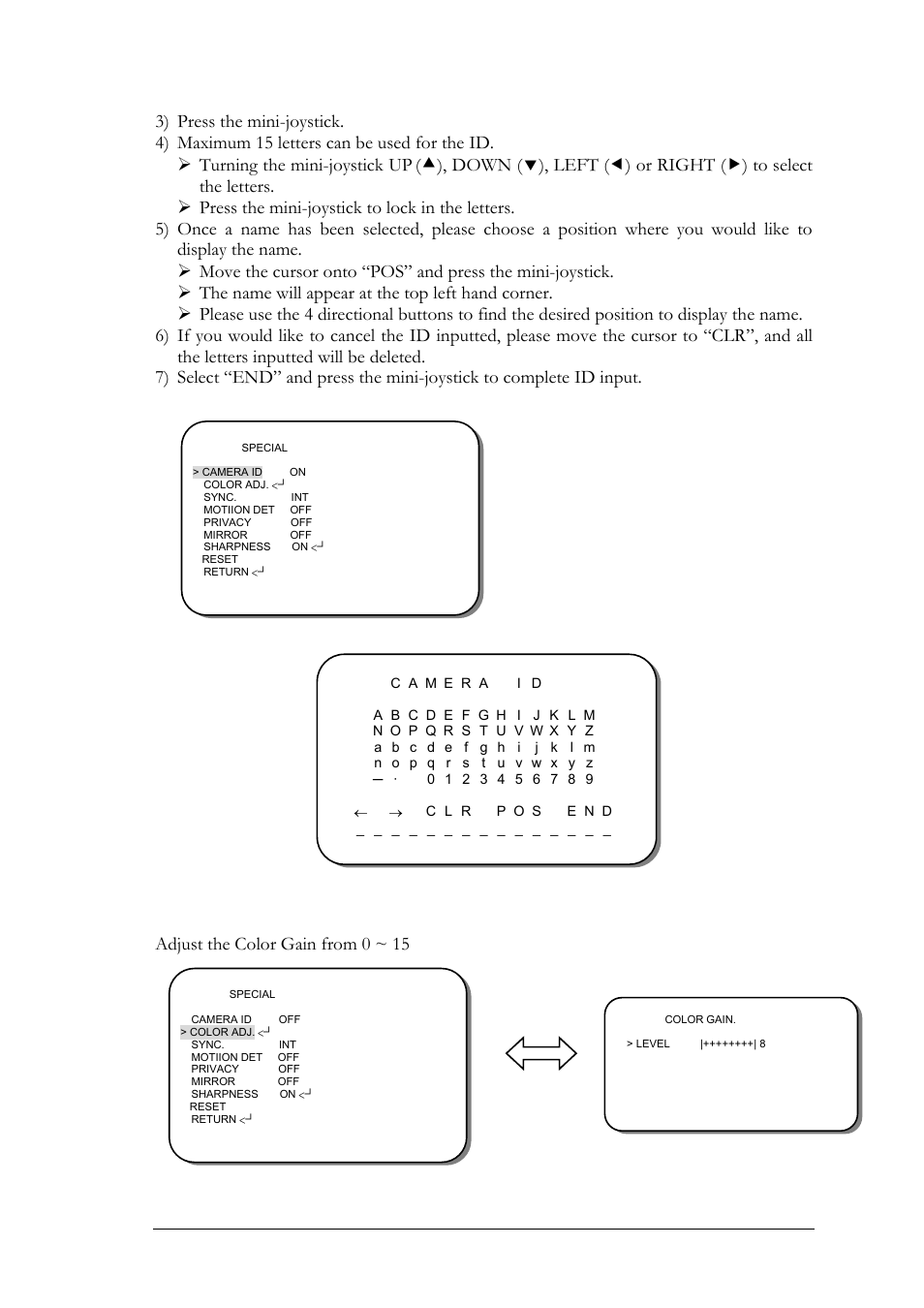 2 color adj, Adjust the color gain from 0 ~ 15 | EverFocus EZ550 User Manual | Page 34 / 44