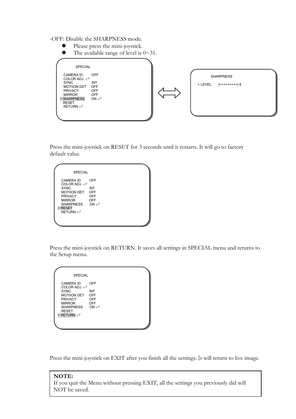 9 exit, 8 reset, 9 return | EverFocus EZ550 User Manual | Page 40 / 44