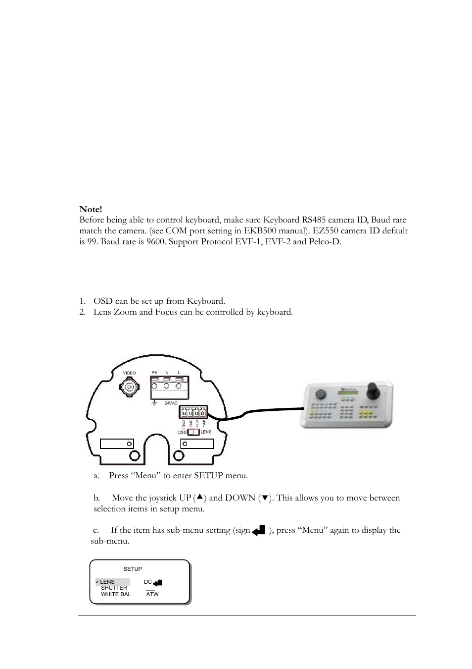 Control from keyboard ekb500 (optional), 1 key features with keyboard, 2 osd menu setting by keyboard | Chapter | EverFocus EZ550 User Manual | Page 42 / 44