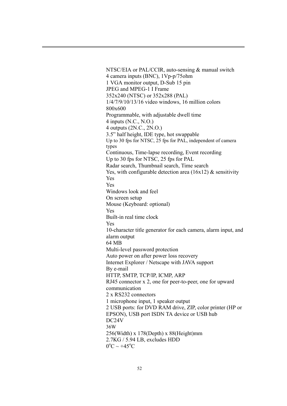 Appendix a – specifications | EverFocus eDR400 User Manual | Page 56 / 61