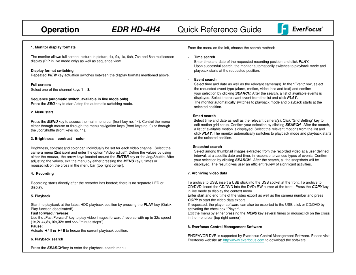 Edr hd-4h4 quick reference guide operation | EverFocus EDR HD-4H4 User Manual | Page 2 / 2