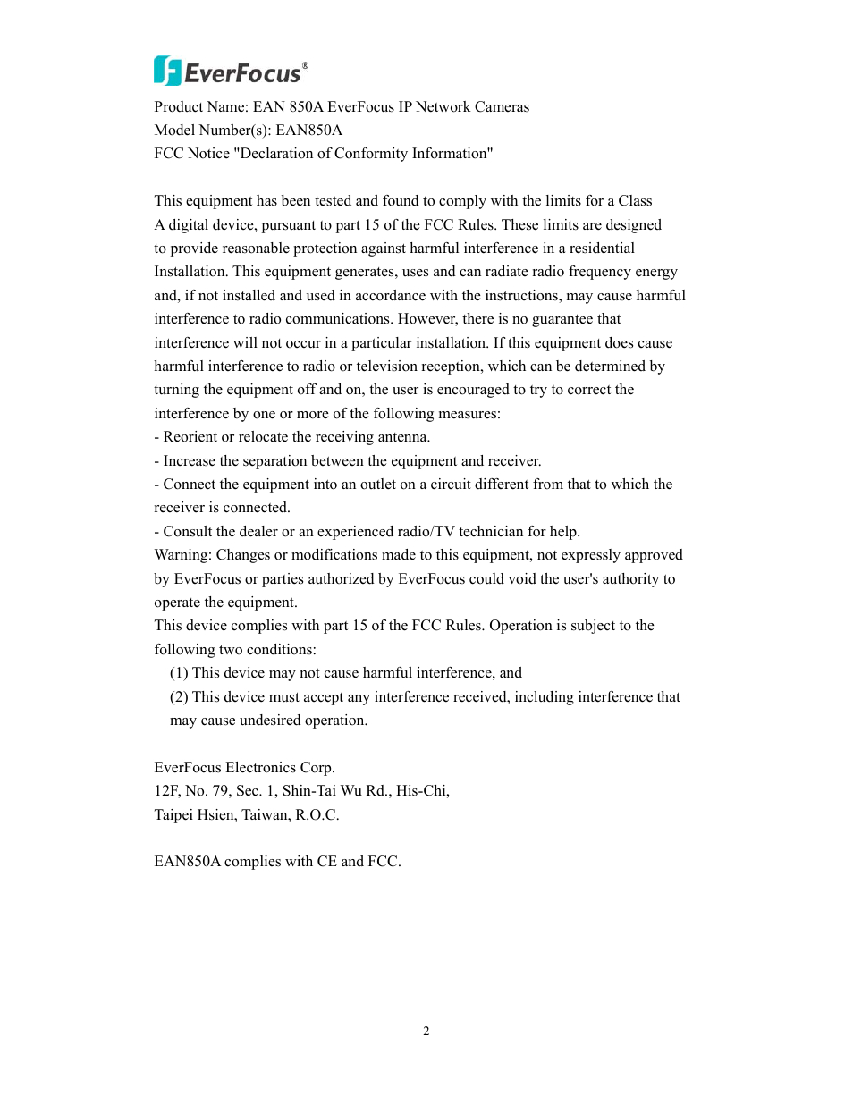 EverFocus EAN850A User Manual | Page 2 / 60