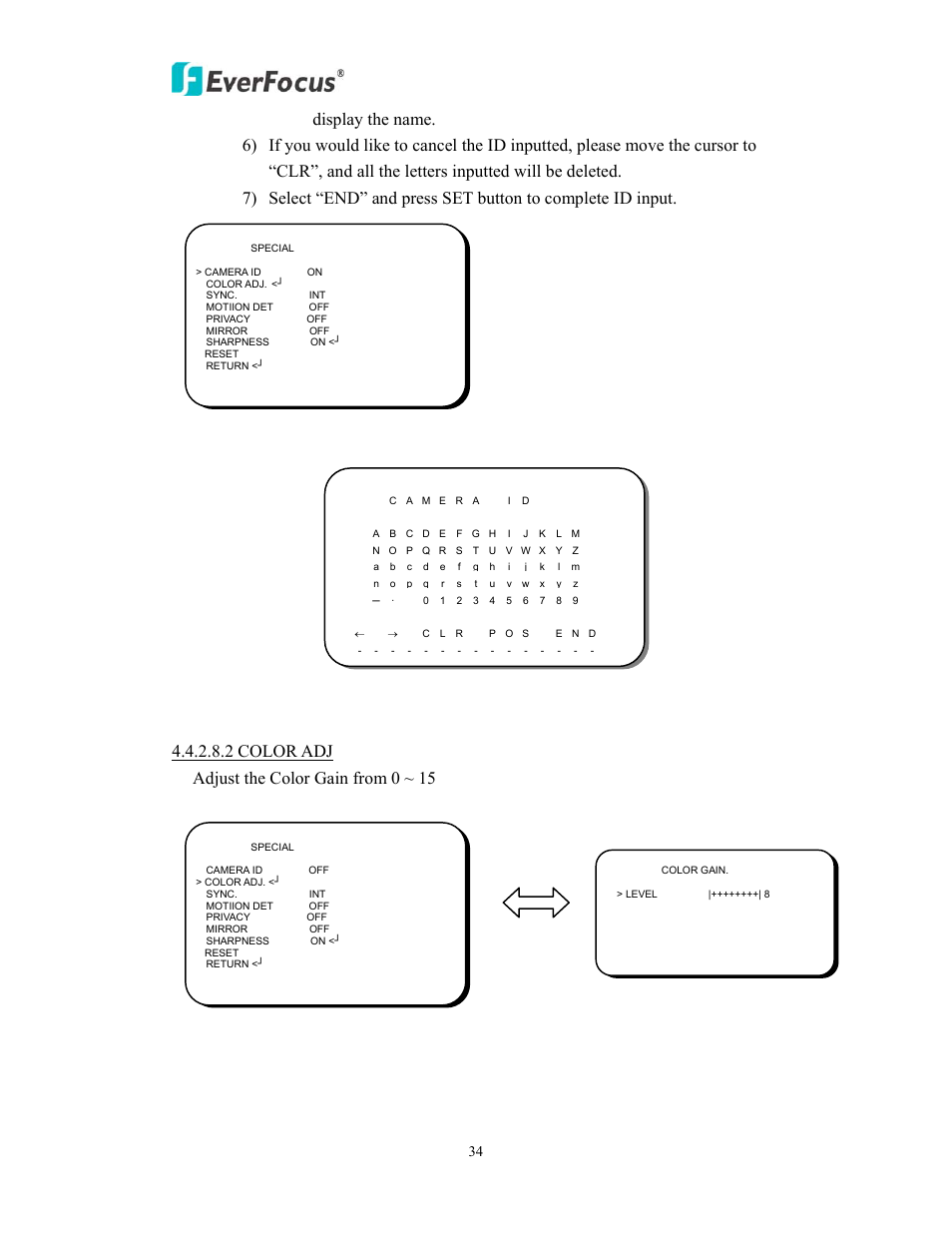 Ean850a, 2 color adj adjust the color gain from 0 ~ 15 | EverFocus EAN850A User Manual | Page 34 / 60