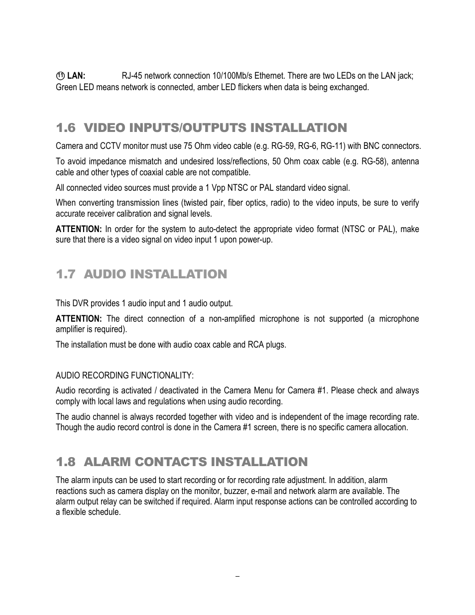 6 video inputs/outputs installation, 7 audio installation, 8 alarm contacts installation | EverFocus ECOR264-4D1 User Manual | Page 15 / 128