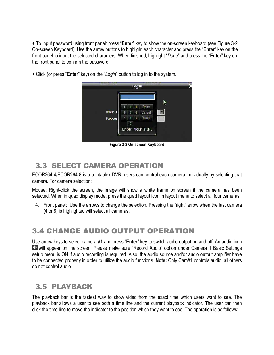 3 select camera operation, 4 change audio output operation, 5 playback | EverFocus ECOR264-4D1 User Manual | Page 28 / 128