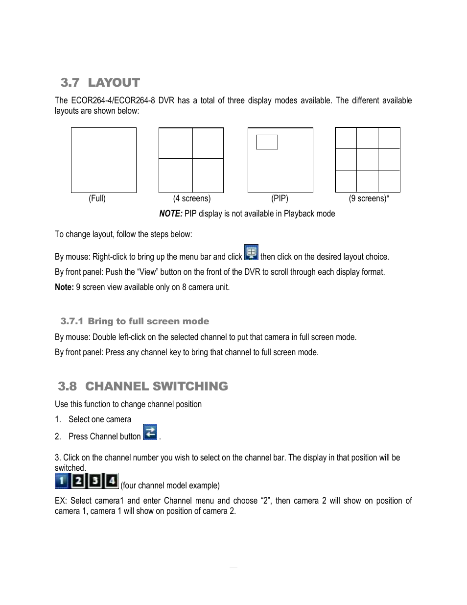 7 layout, 8 channel switching | EverFocus ECOR264-4D1 User Manual | Page 33 / 128