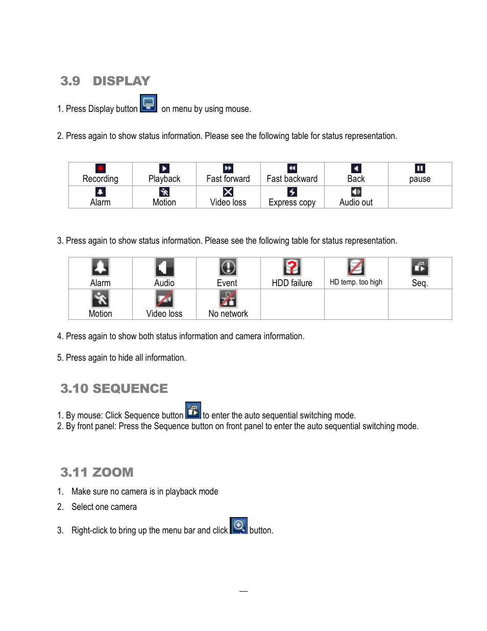 9 display, 10 sequence, 11 zoom | EverFocus ECOR264-4D1 User Manual | Page 34 / 128