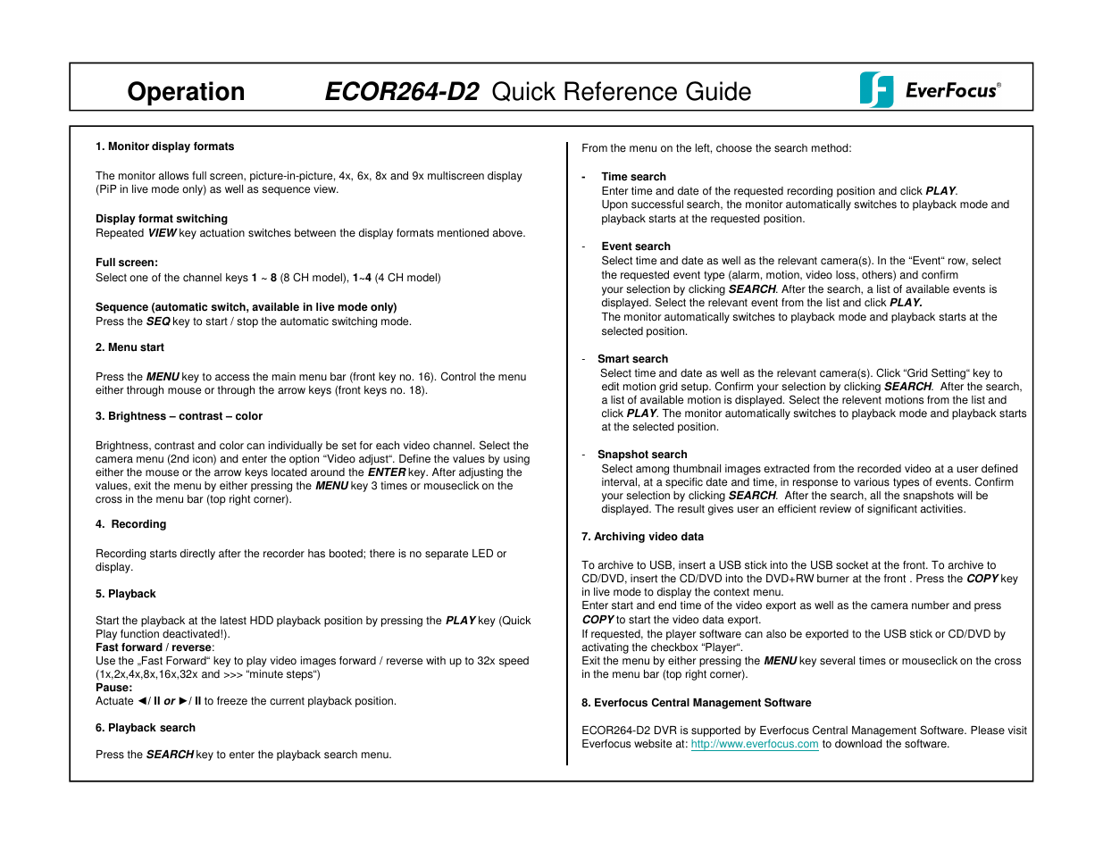 Ecor264-d2 quick reference guide operation | EverFocus ECOR264-D2 User Manual | Page 2 / 2